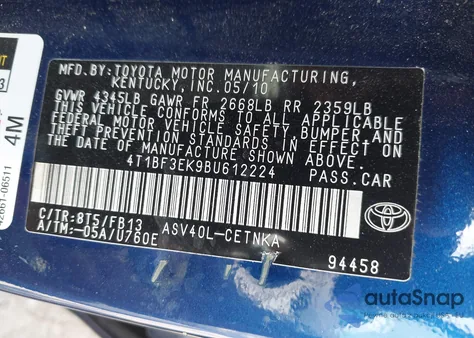2011 Toyota Camry Le from USA, damaged, VIN 4T1BF3EK9BU612224